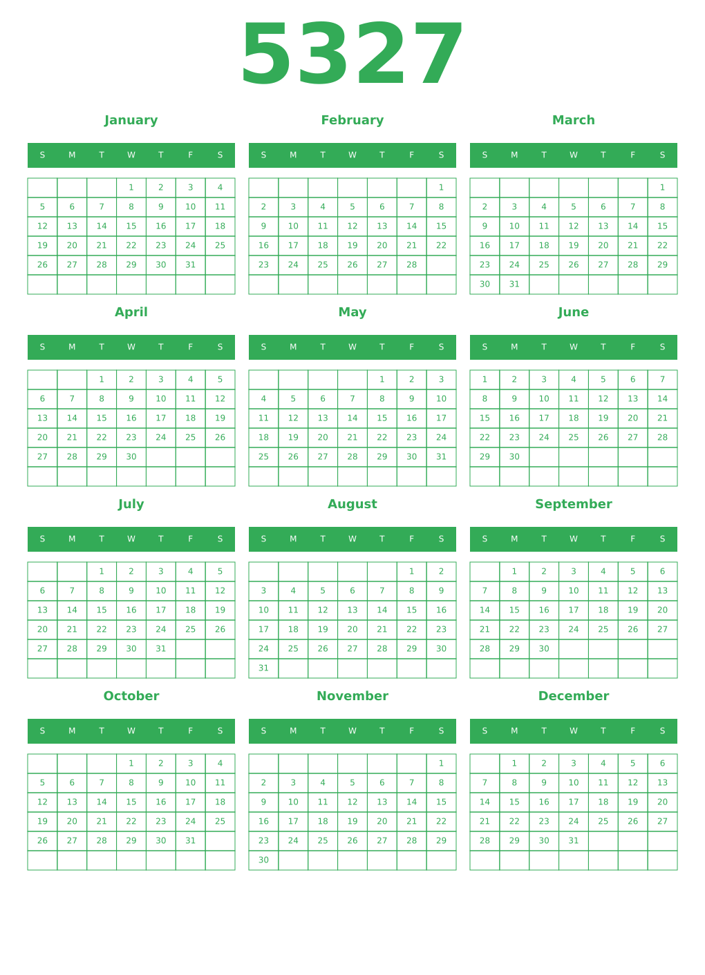 Printable 5327 Year Calendars green