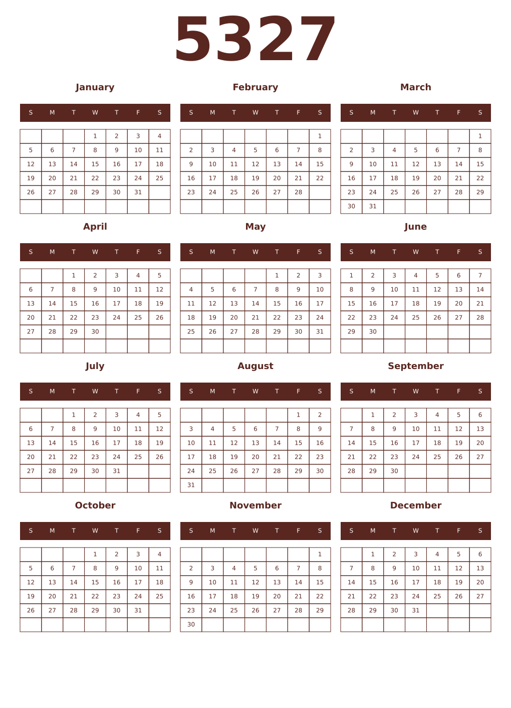 Printable 5327 Year Calendars mortuum
