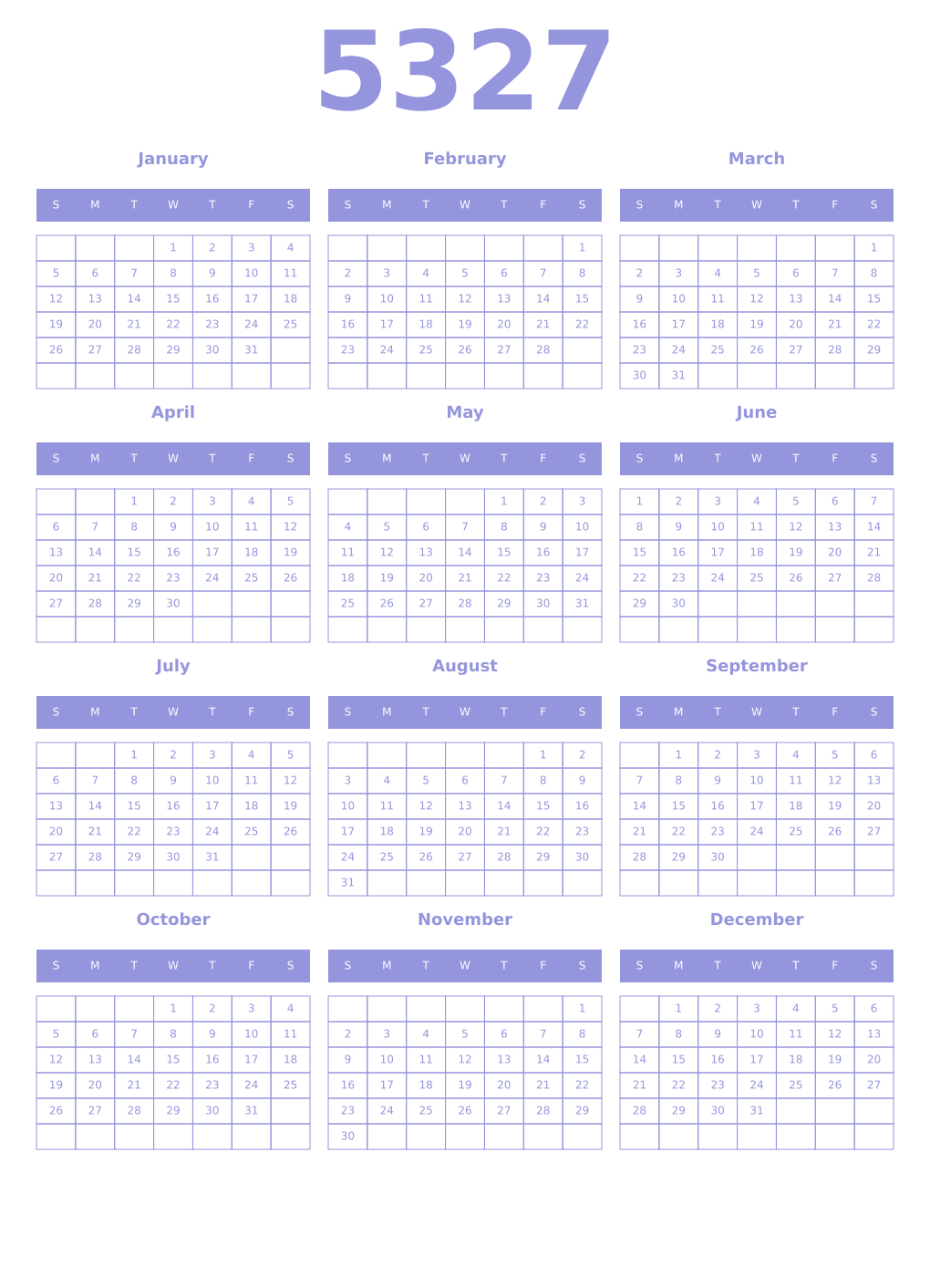 Printable 5327 Year Calendars periwinkle