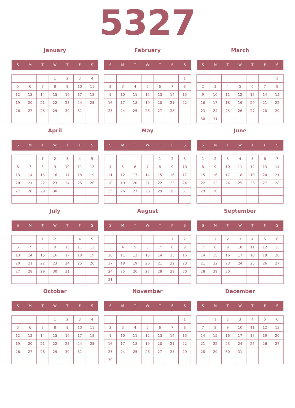 Printable 5327 Year Calendars puce