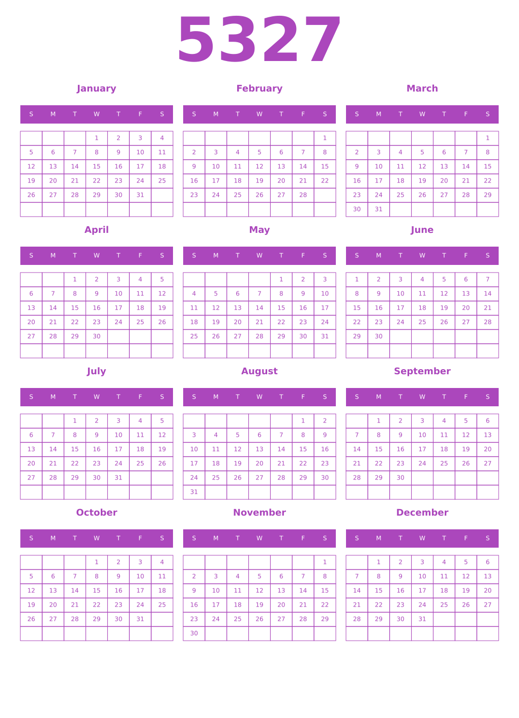 Printable 5327 Year Calendars purple