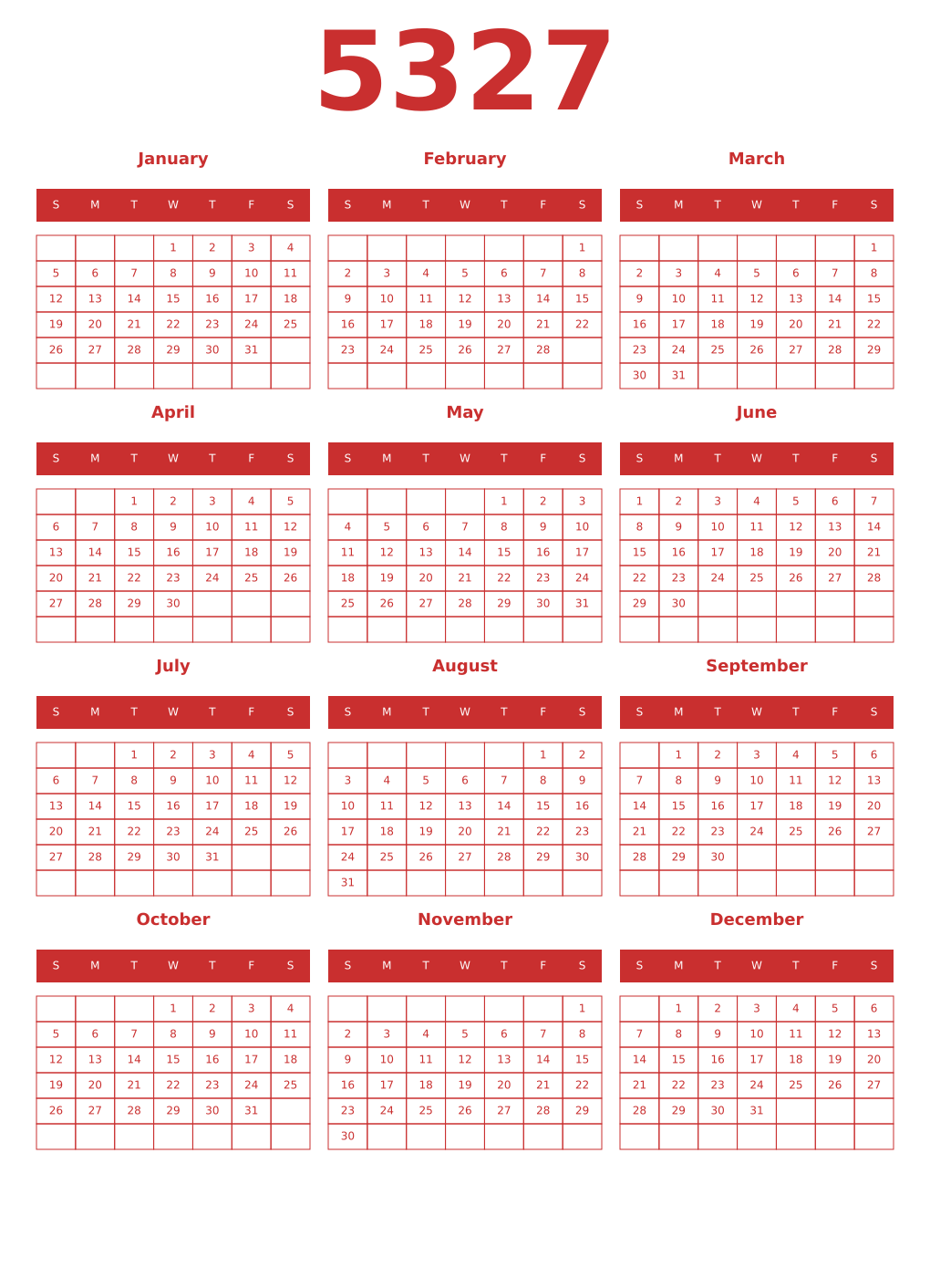 Printable 5327 Year Calendars red