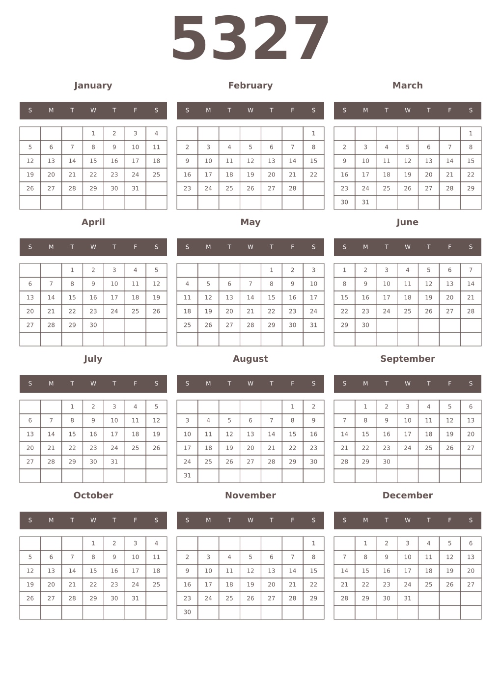Printable 5327 Year Calendars wenge