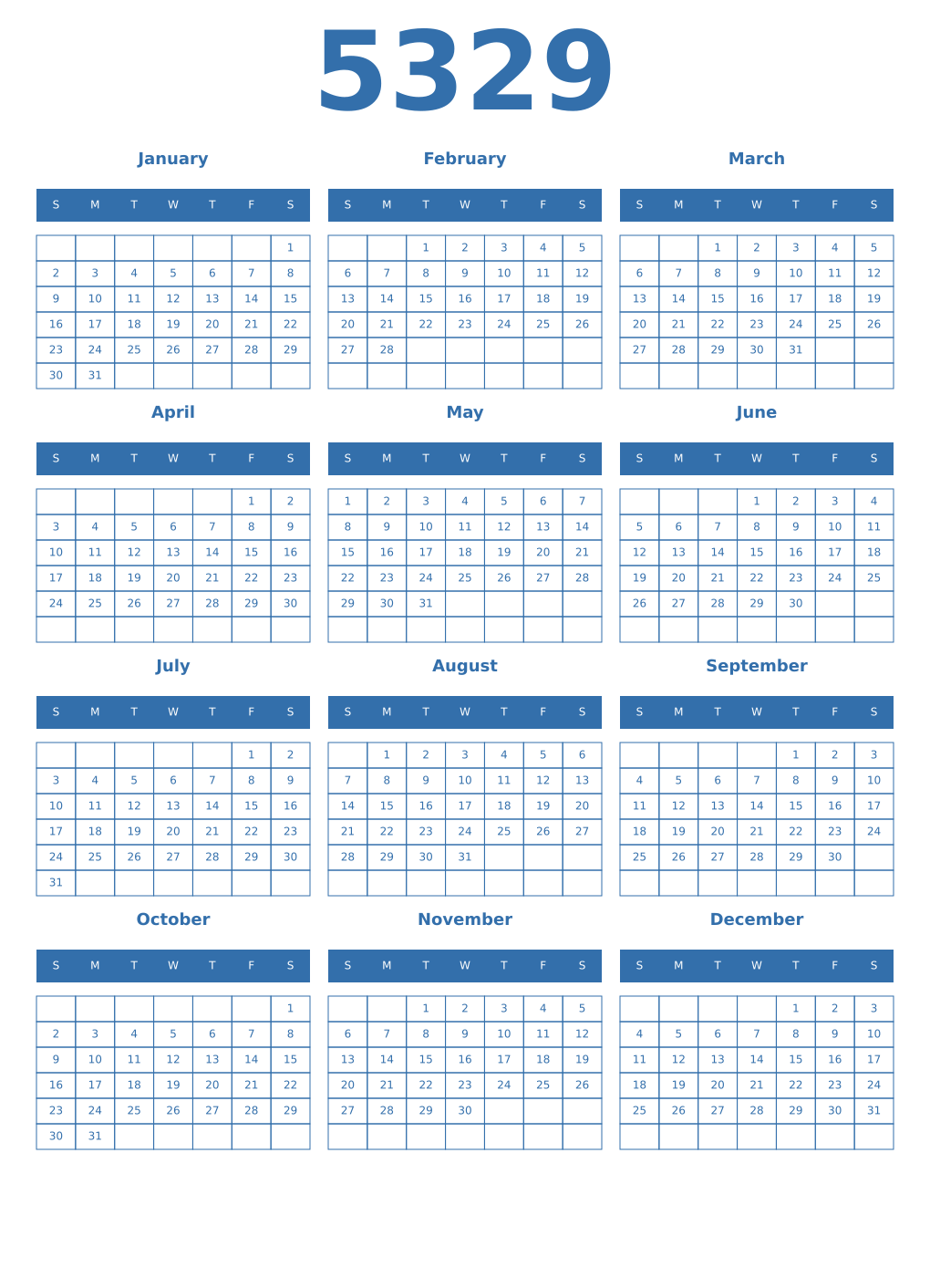 Printable 5329 Year Calendars blue