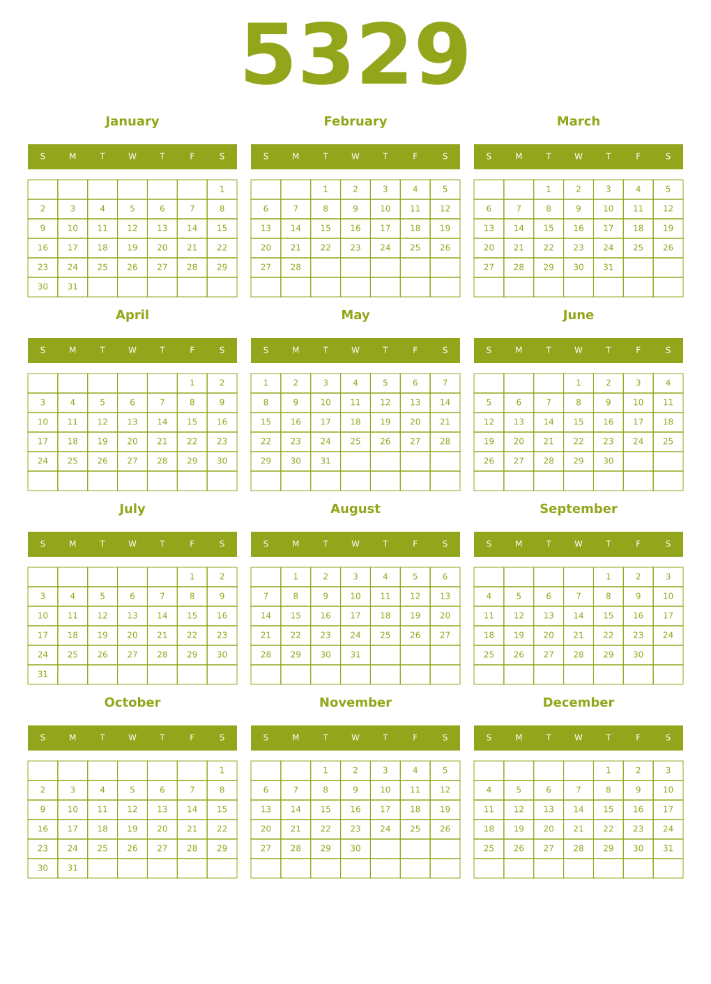Printable 5329 Year Calendars chartreuse