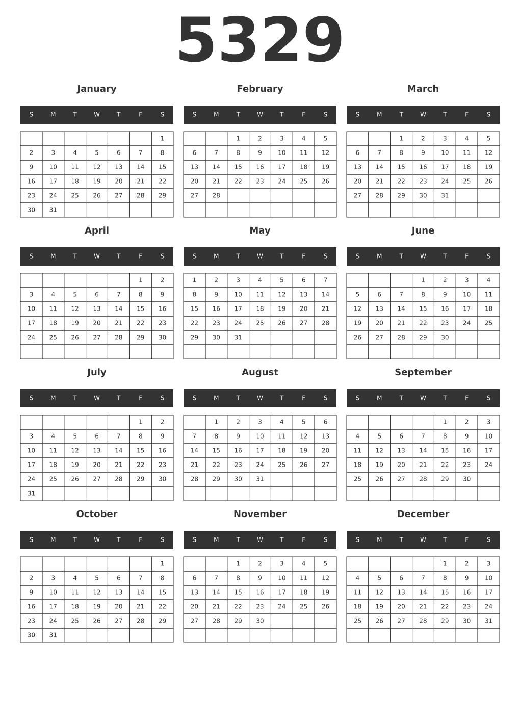 Printable 5329 Year Calendars dark