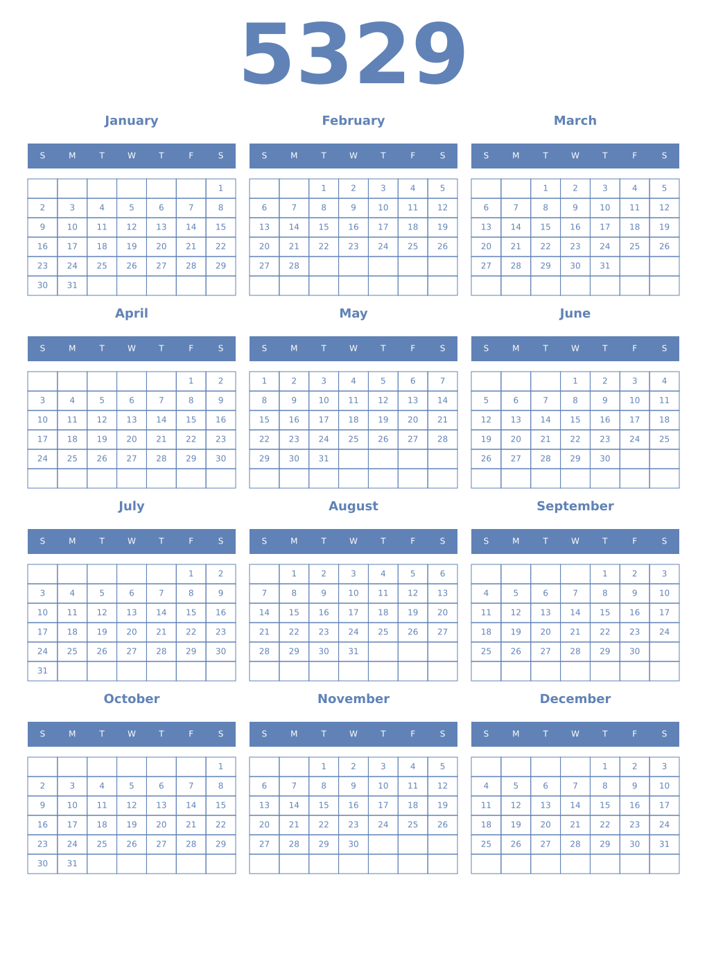 Printable 5329 Year Calendars glaucous