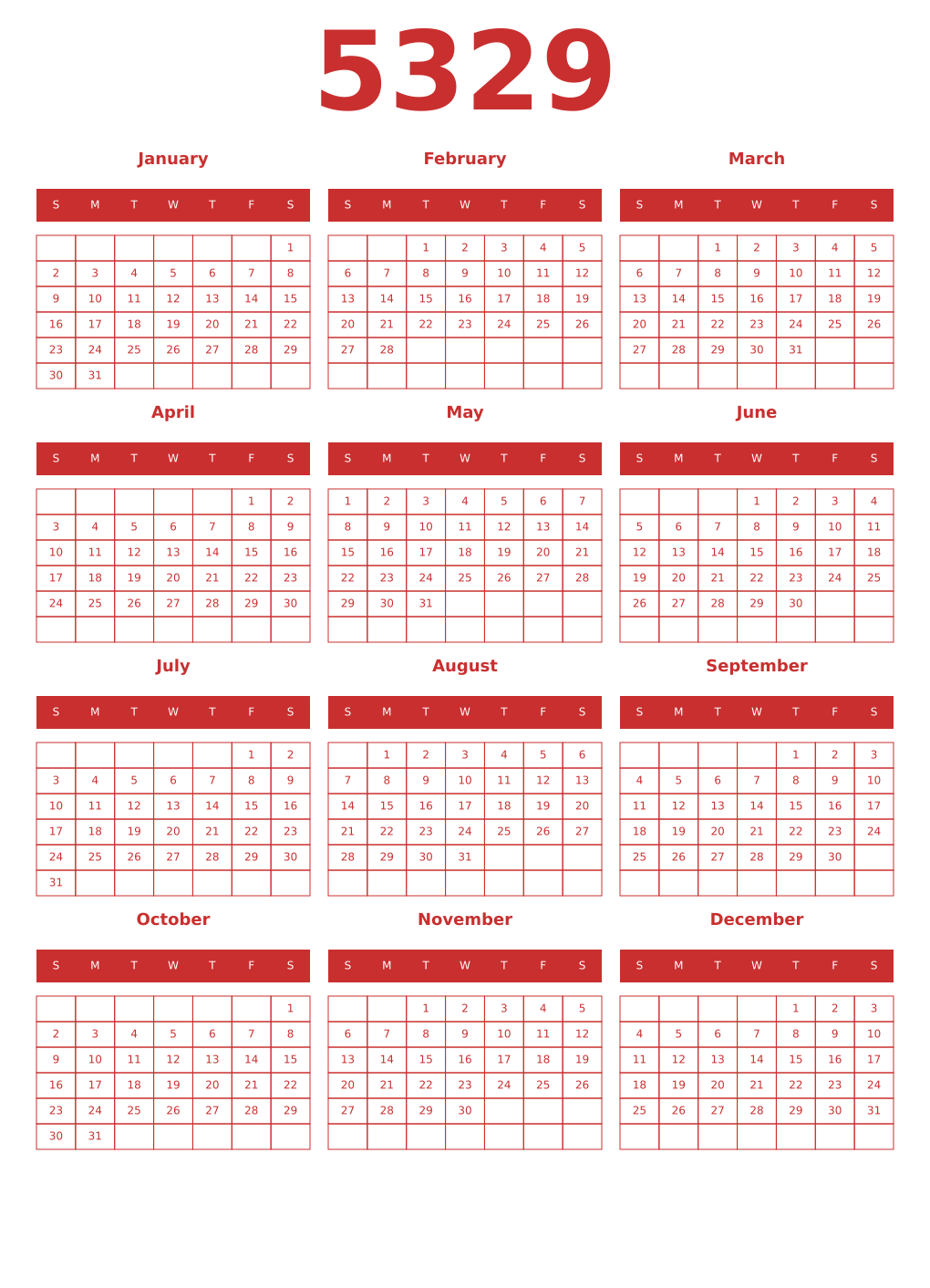 Printable 5329 Year Calendars red