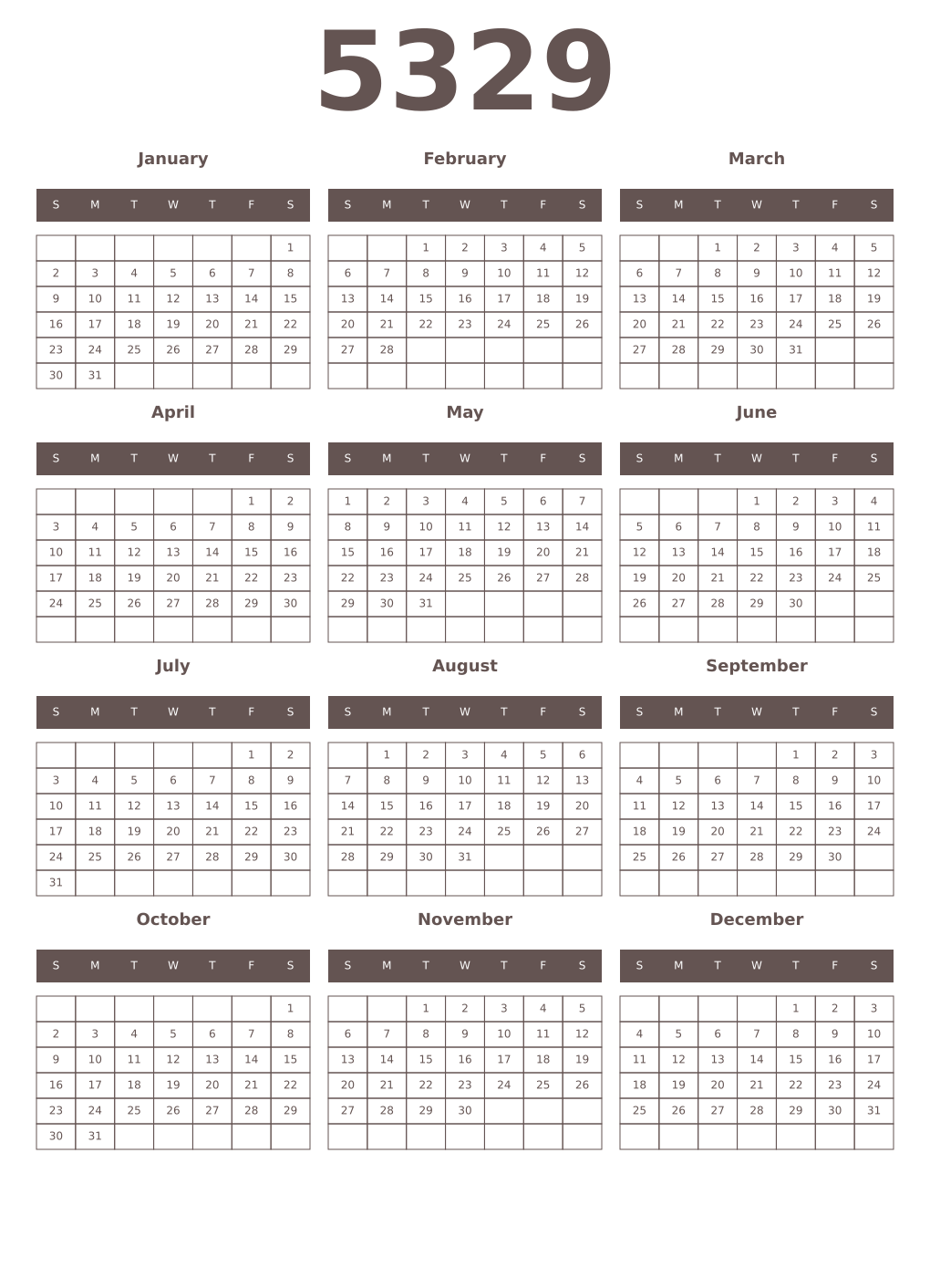 Printable 5329 Year Calendars wenge