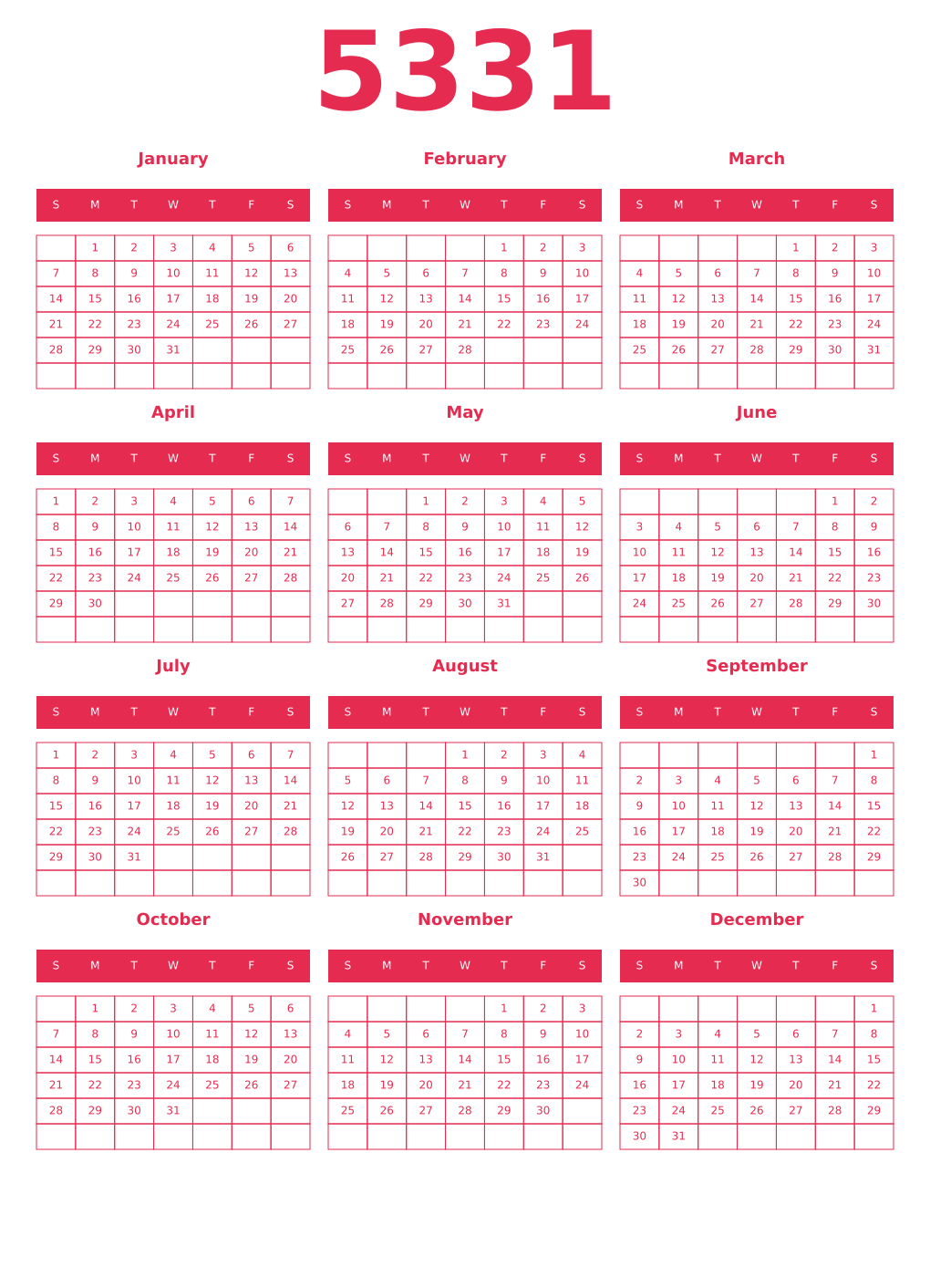 Printable 5331 Year Calendars amaranth