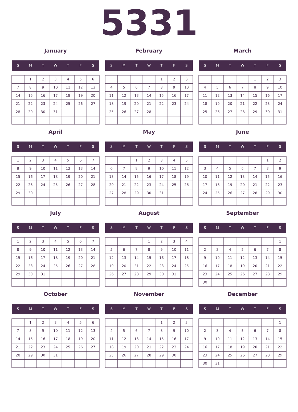 Printable 5331 Year Calendars aubergine