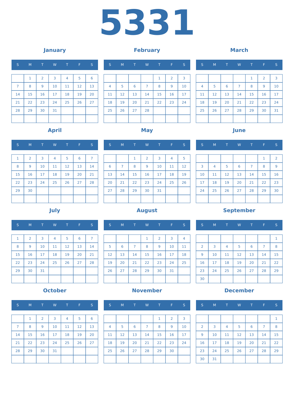 Printable 5331 Year Calendars blue