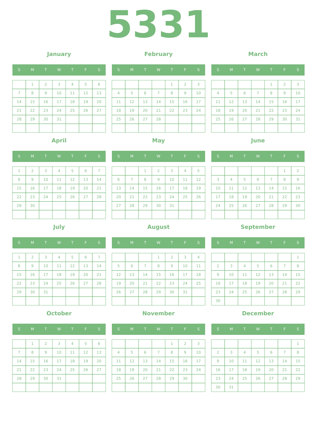 Printable 5331 Year Calendars celadon