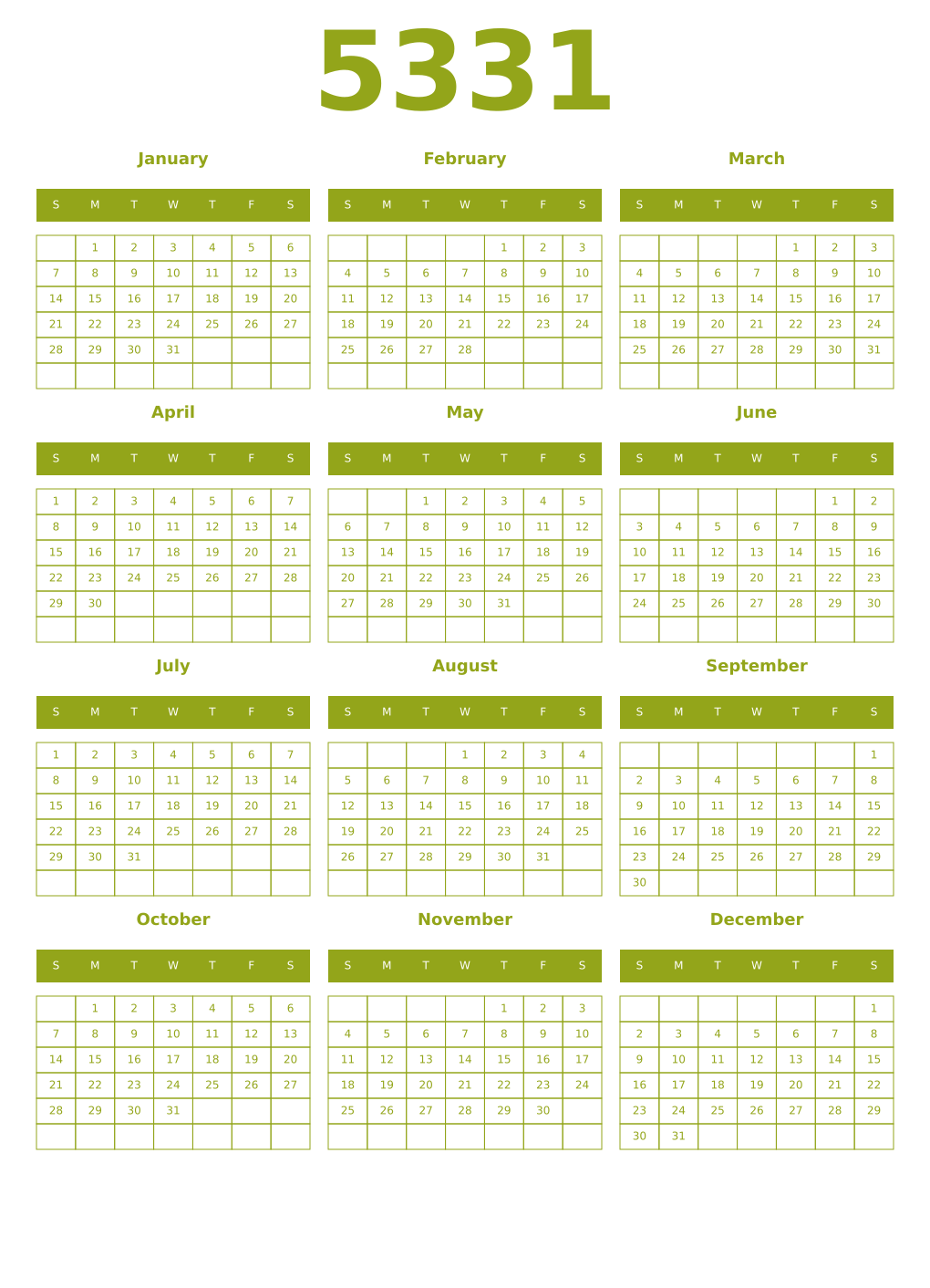 Printable 5331 Year Calendars chartreuse