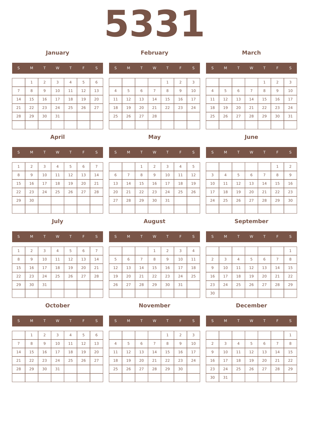 Printable 5331 Year Calendars coffe