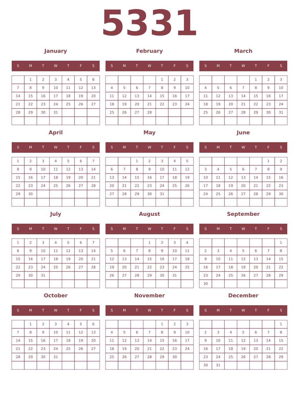 Printable 5331 Year Calendars cordovan