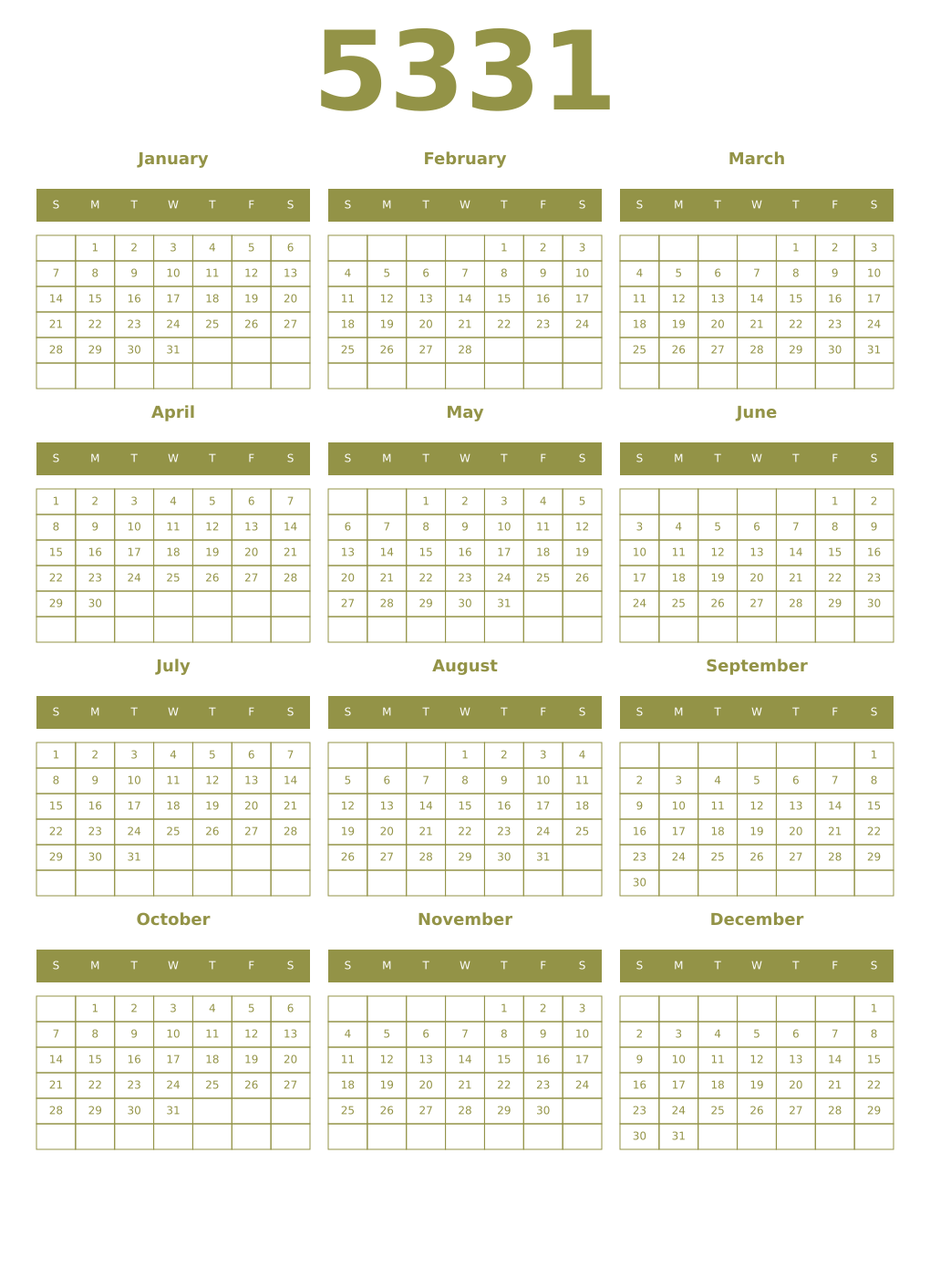Printable 5331 Year Calendars eburnean
