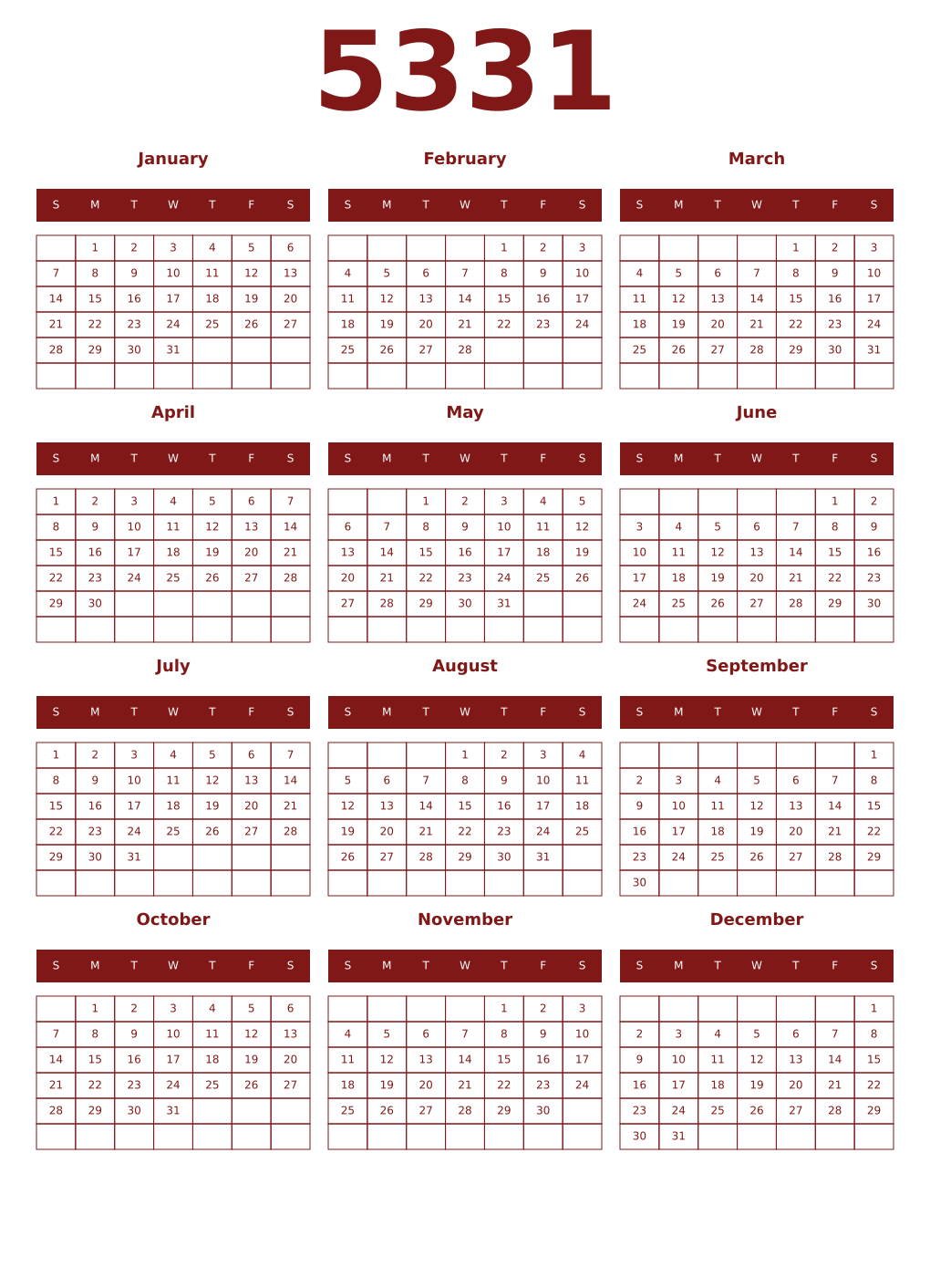 Printable 5331 Year Calendars falu