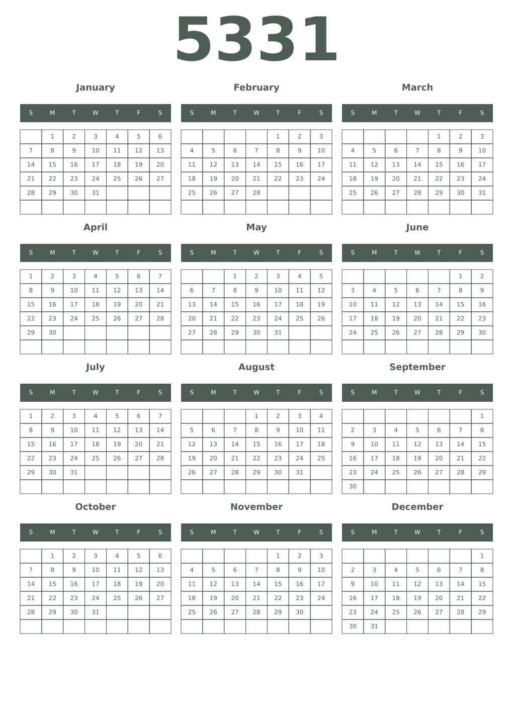 Printable 5331 Year Calendars feldgrau