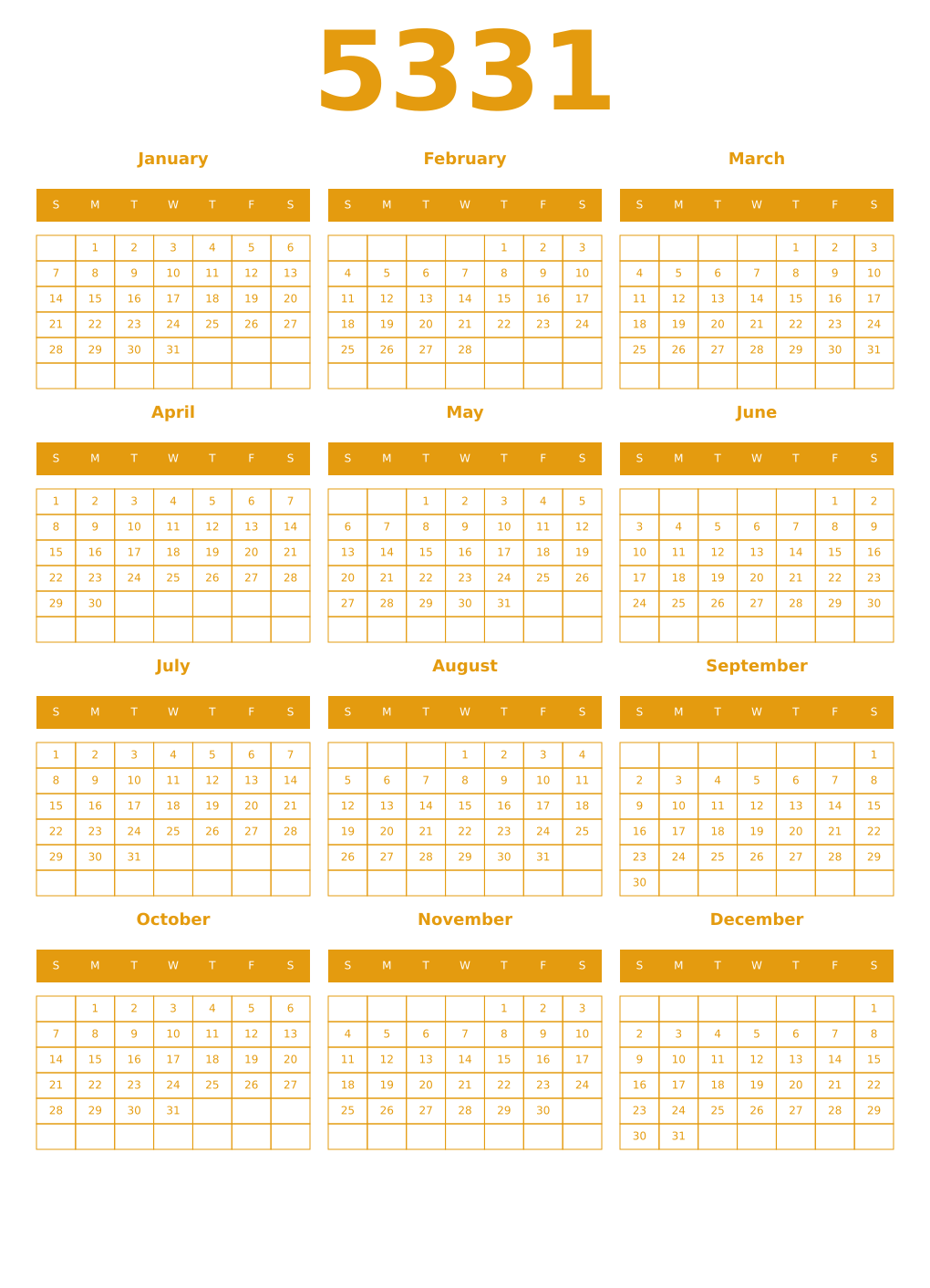 Printable 5331 Year Calendars gamboge