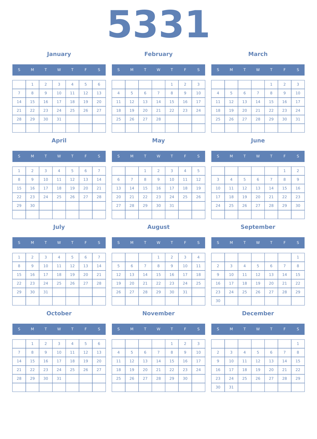 Printable 5331 Year Calendars glaucous