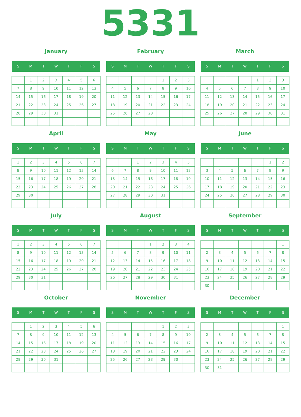 Printable 5331 Year Calendars green