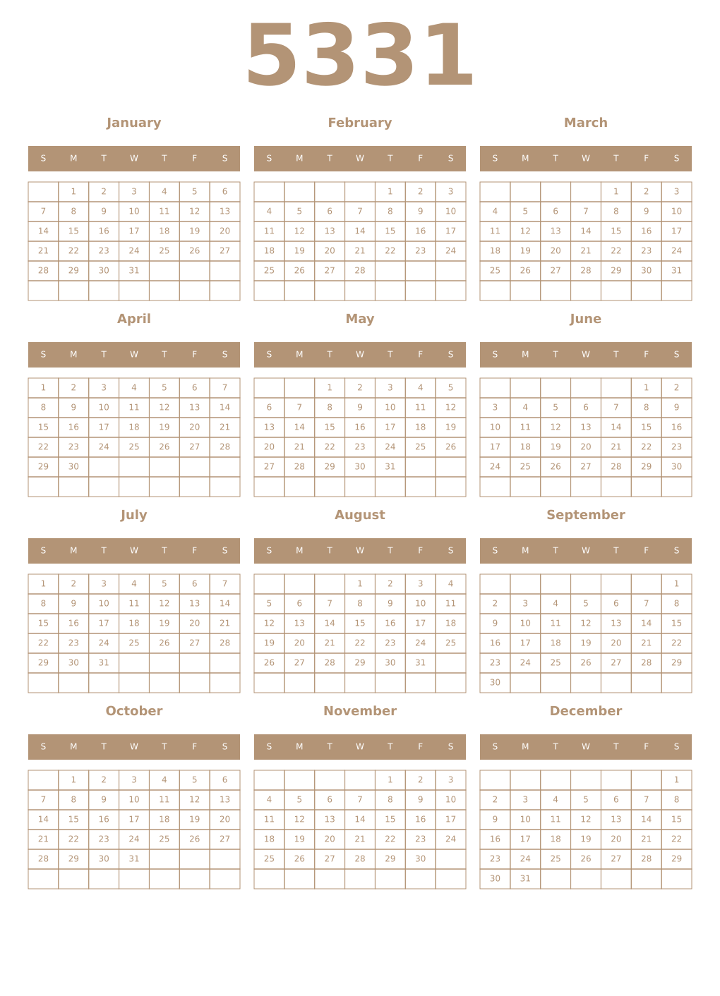 Printable 5331 Year Calendars isabelline