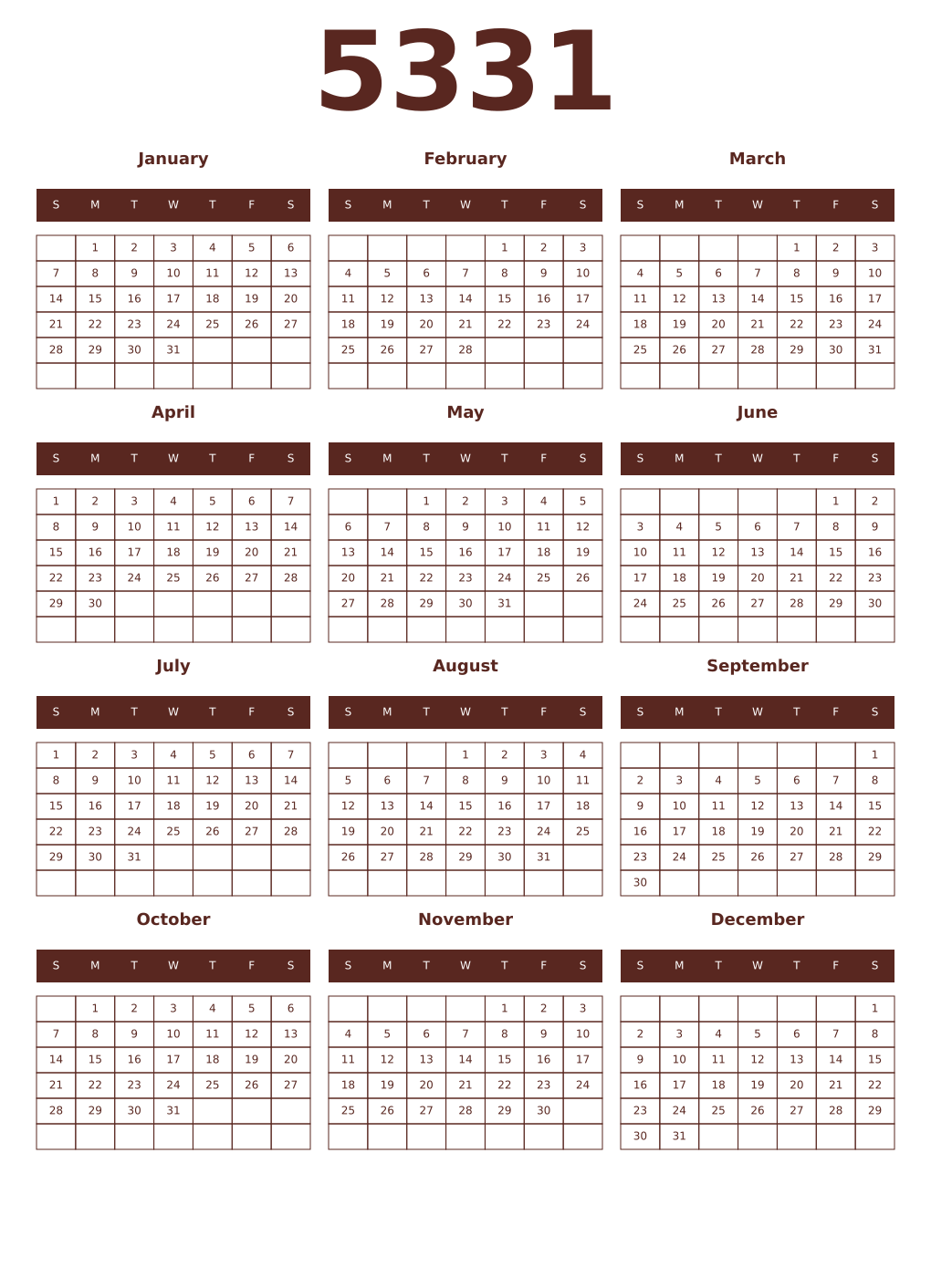 Printable 5331 Year Calendars mortuum