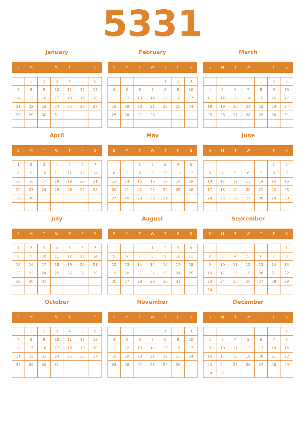 Printable 5331 Year Calendars orange