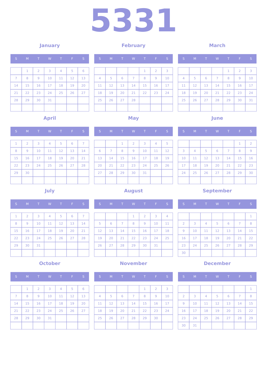 Printable 5331 Year Calendars periwinkle