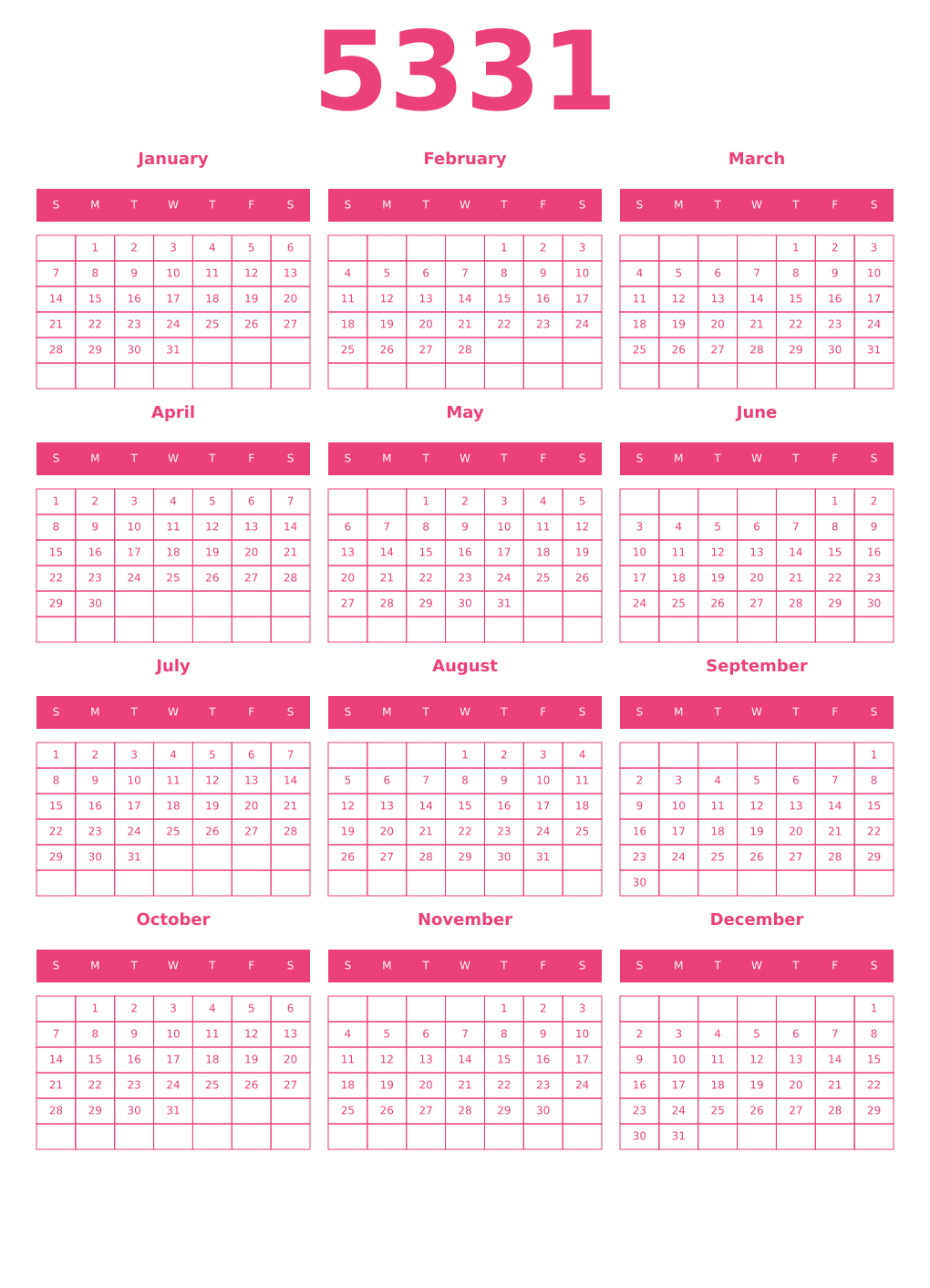 Printable 5331 Year Calendars pink