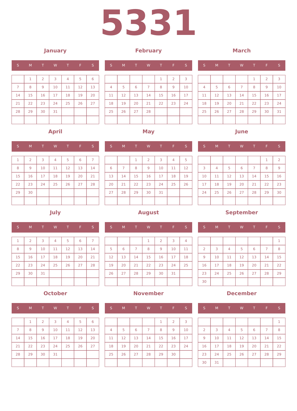 Printable 5331 Year Calendars puce