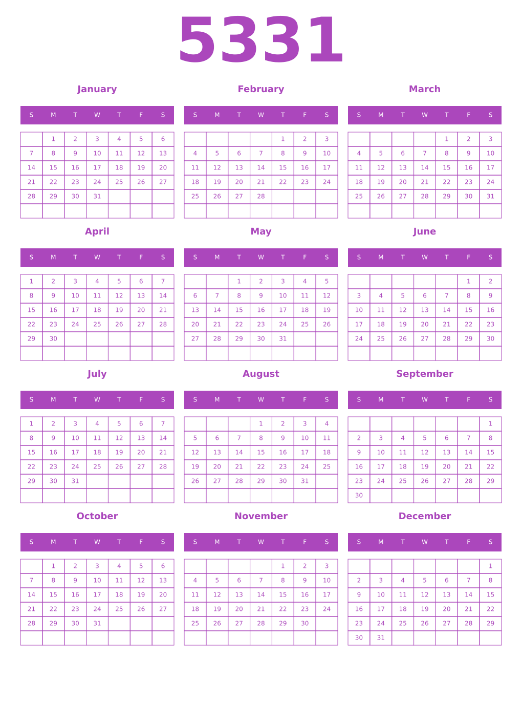Printable 5331 Year Calendars purple