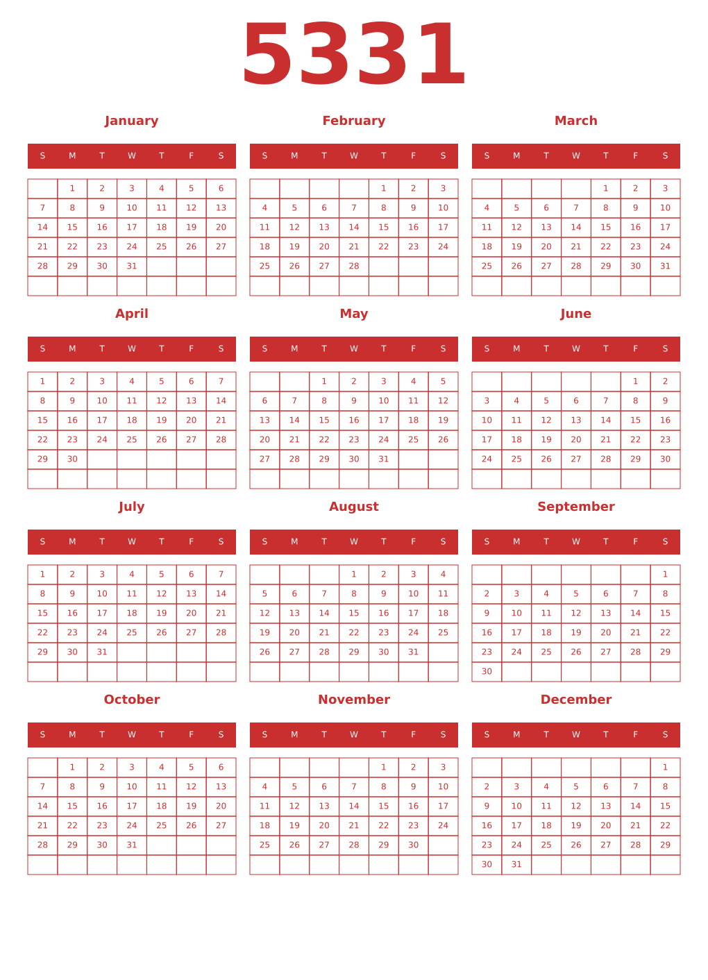 Printable 5331 Year Calendars red