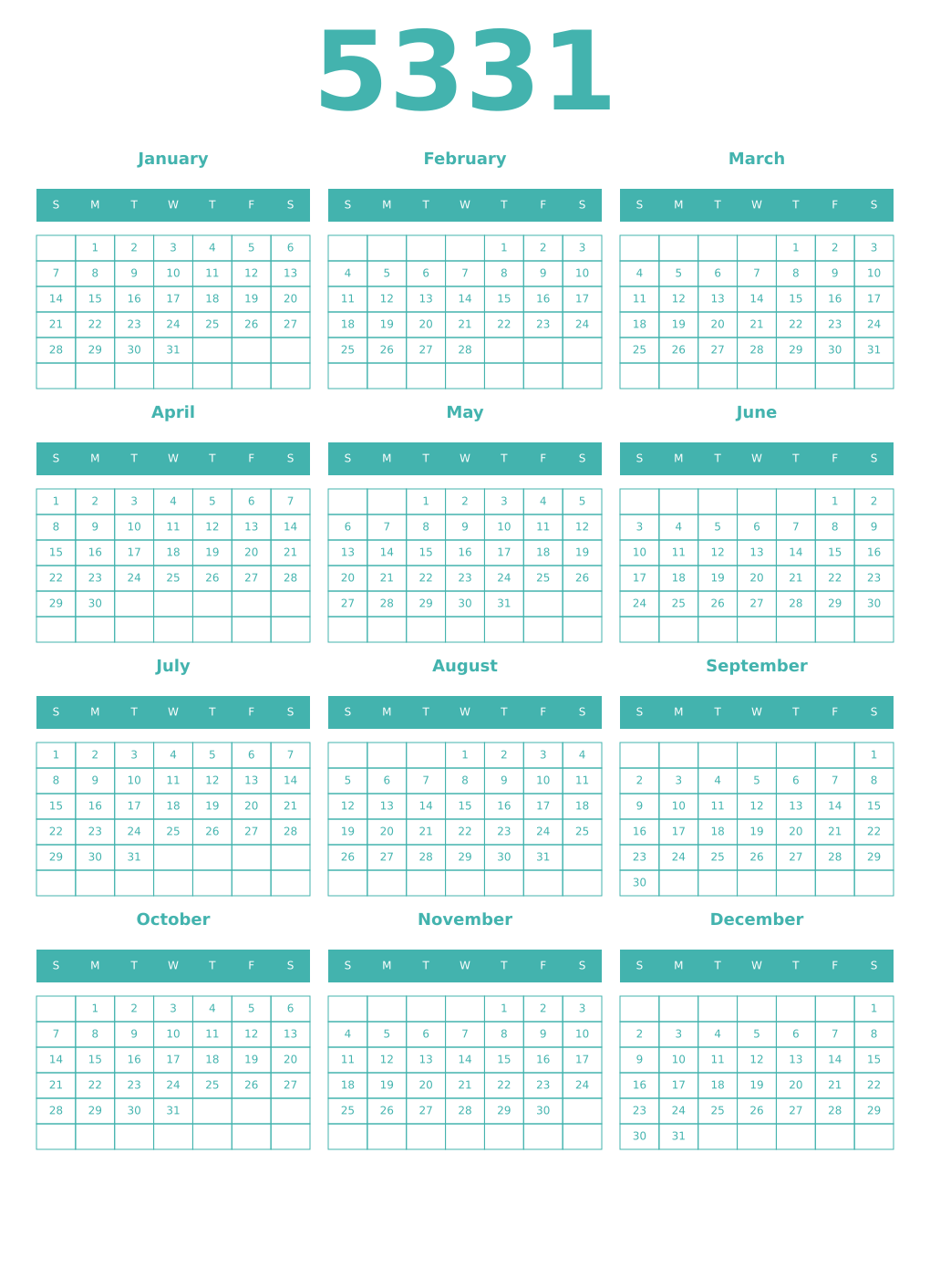 Printable 5331 Year Calendars verdigris