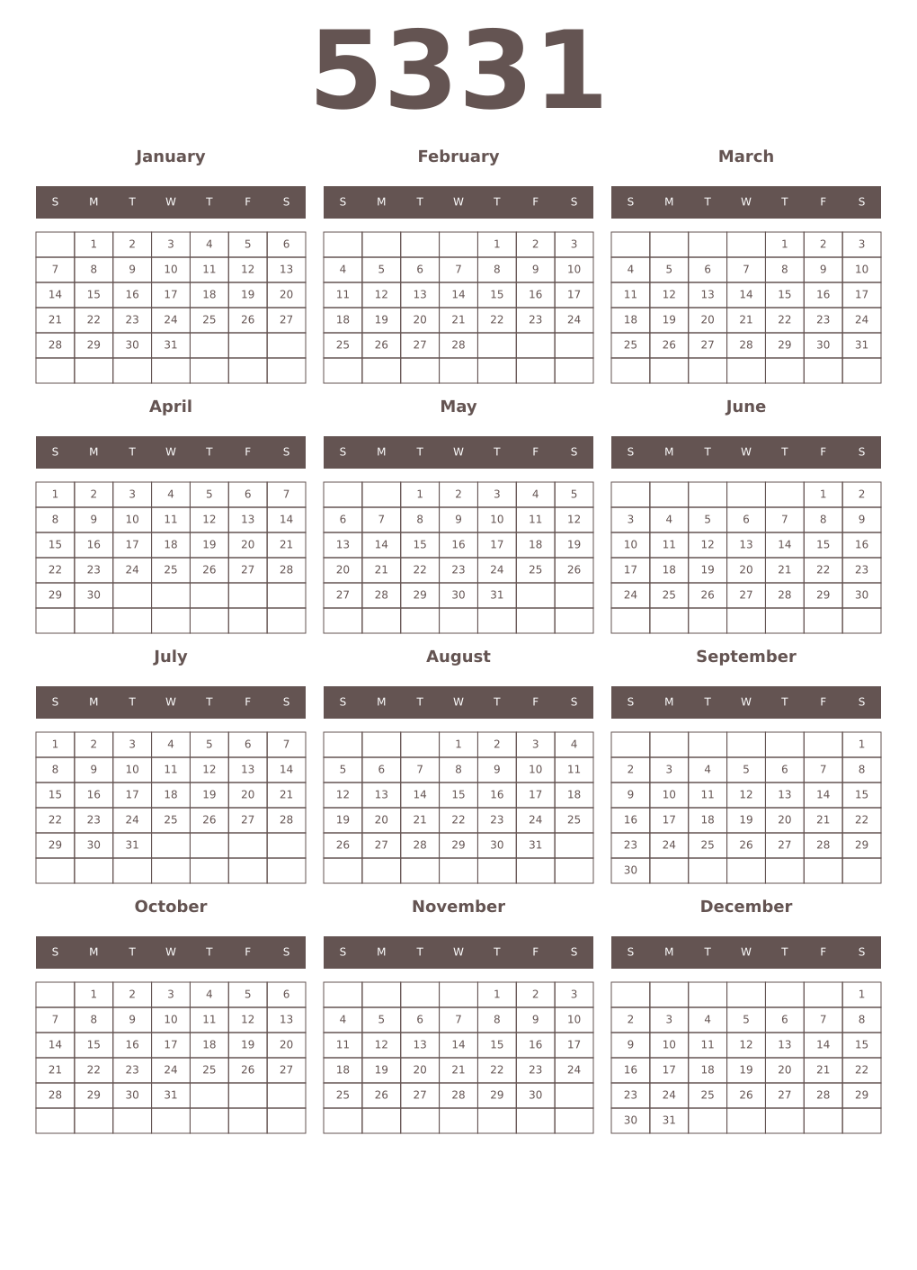 Printable 5331 Year Calendars wenge