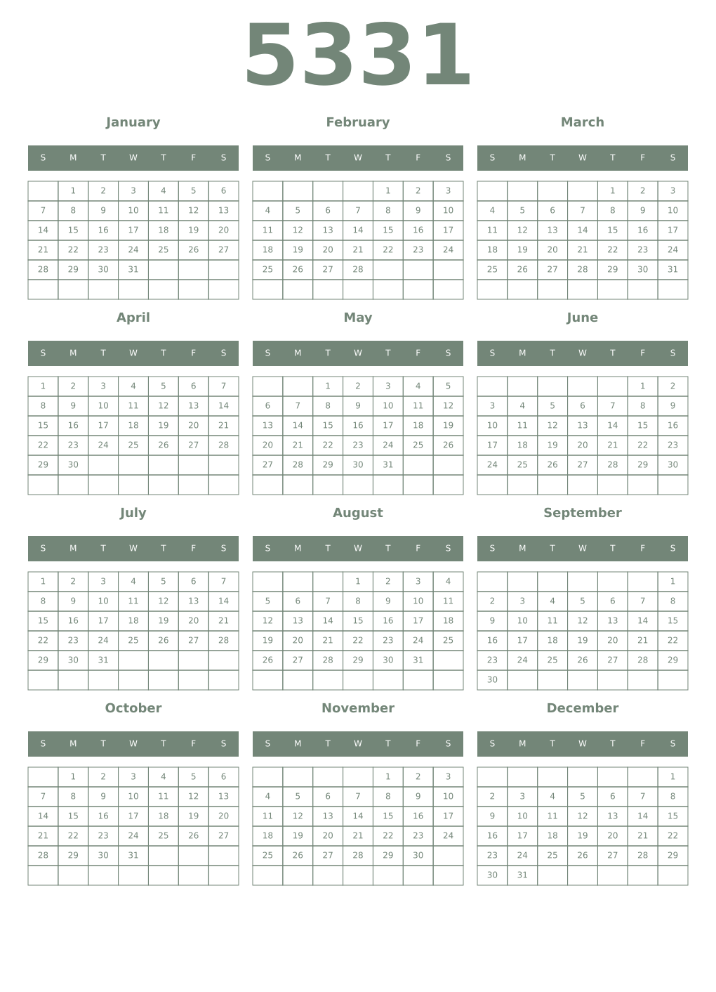 Printable 5331 Year Calendars xanadu