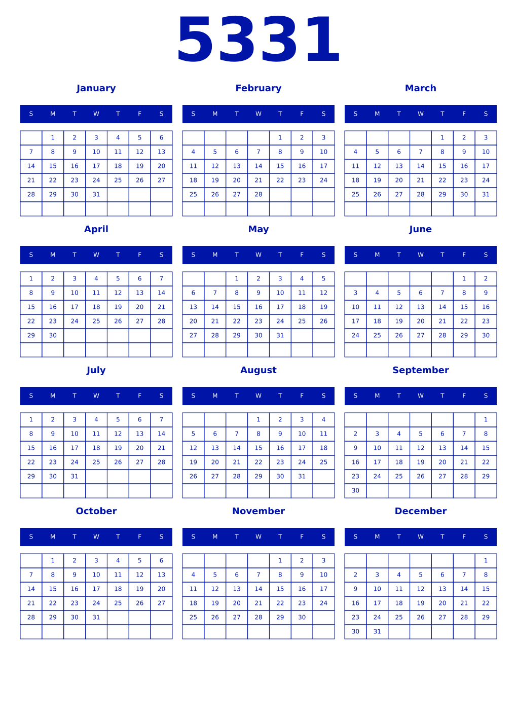 Printable 5331 Year Calendars zaffre