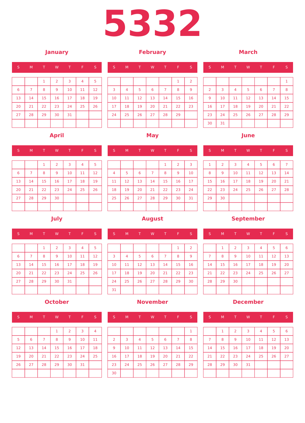 Printable 5332 Year Calendars amaranth