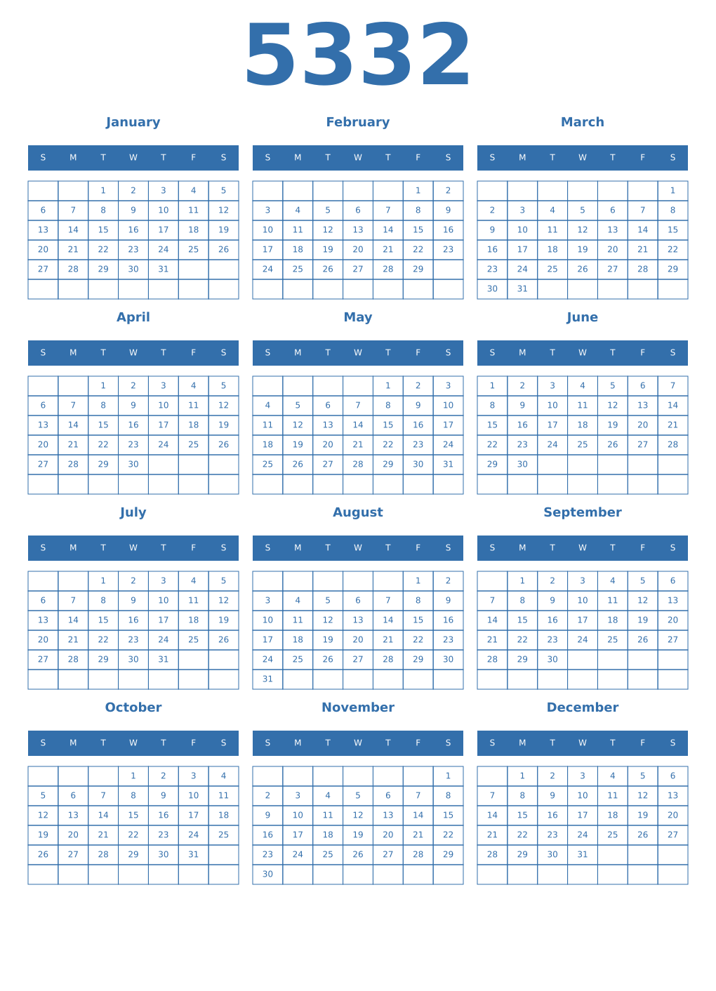 Printable 5332 Year Calendars blue