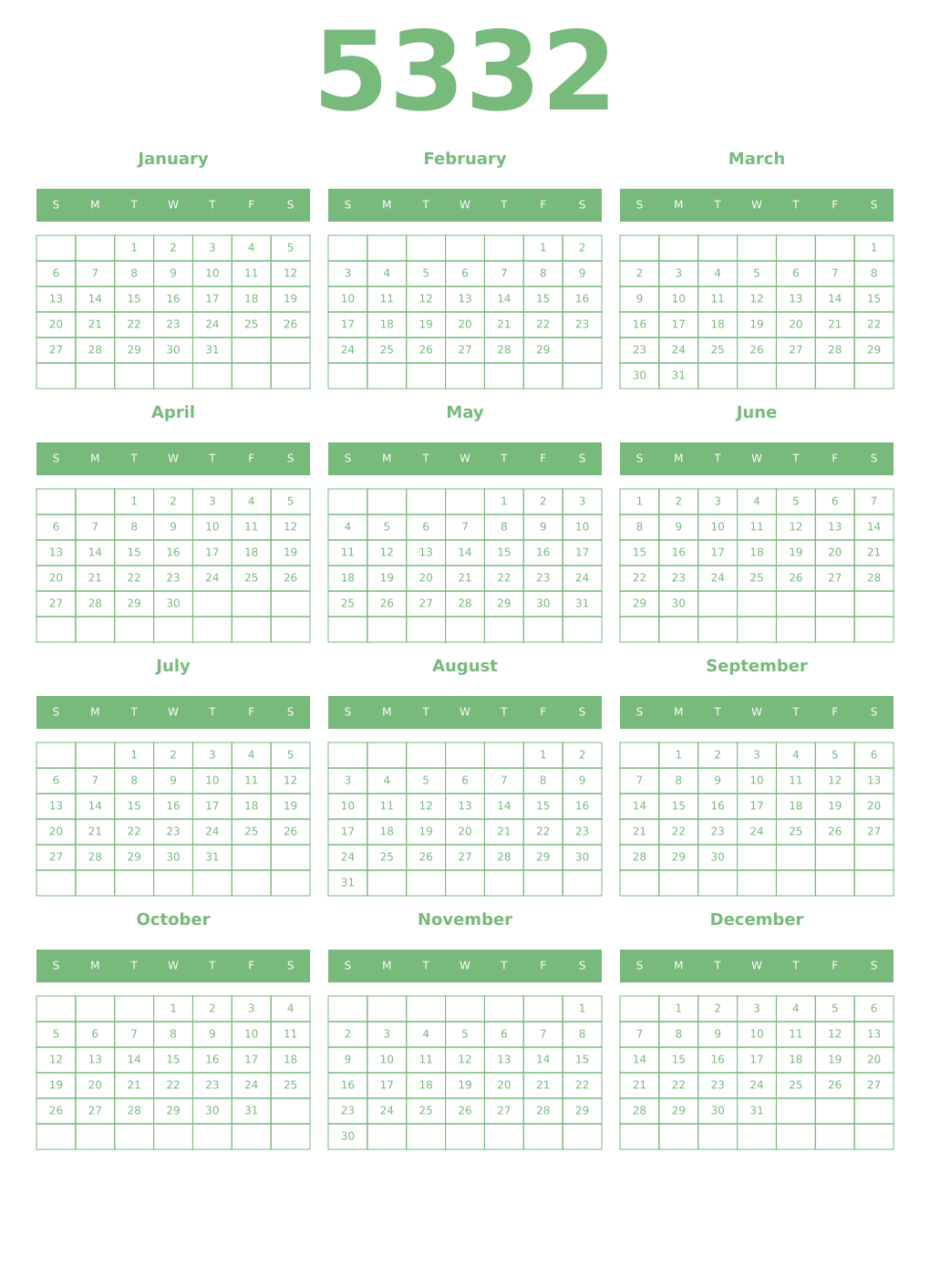 Printable 5332 Year Calendars celadon