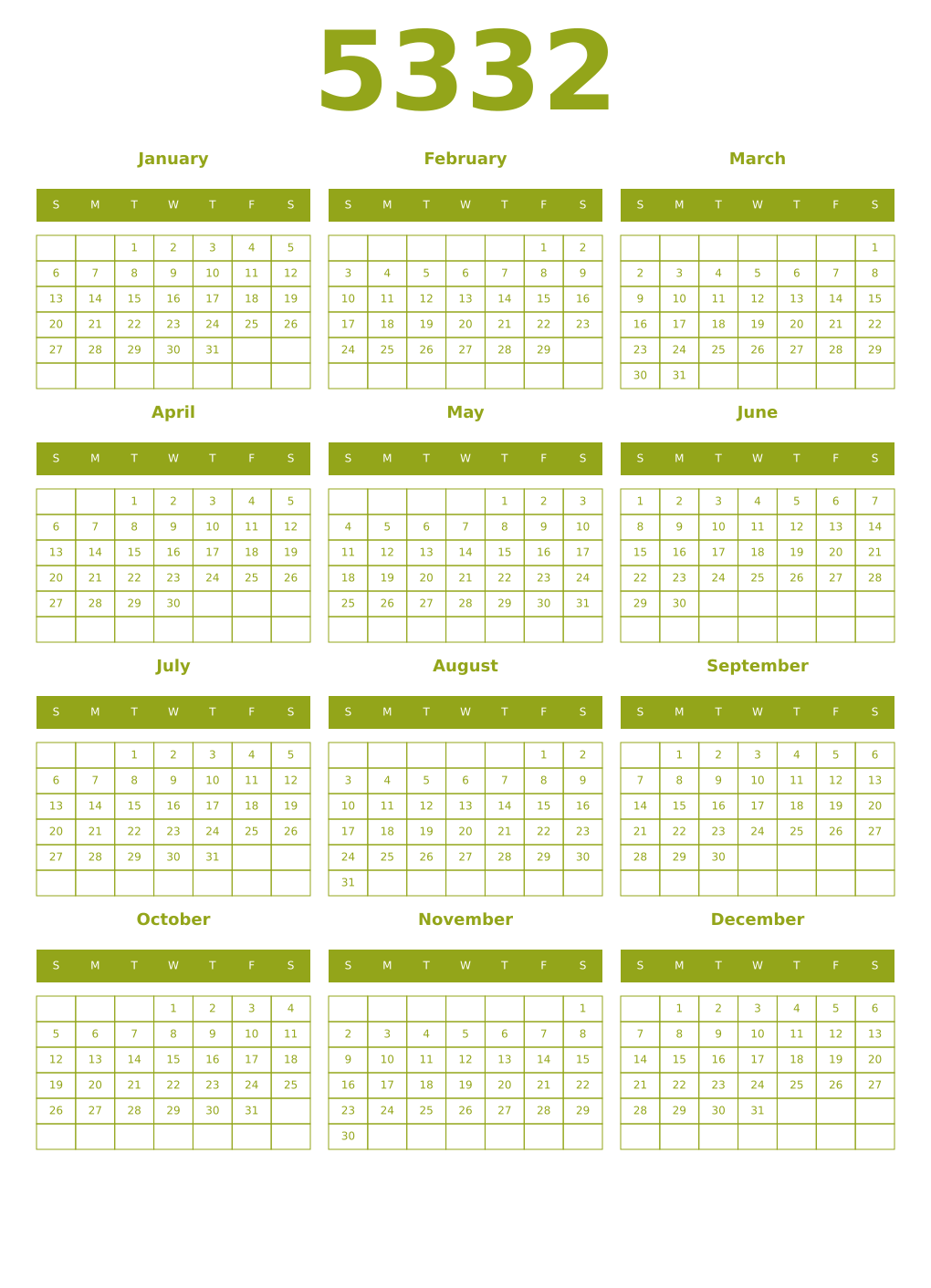 Printable 5332 Year Calendars chartreuse