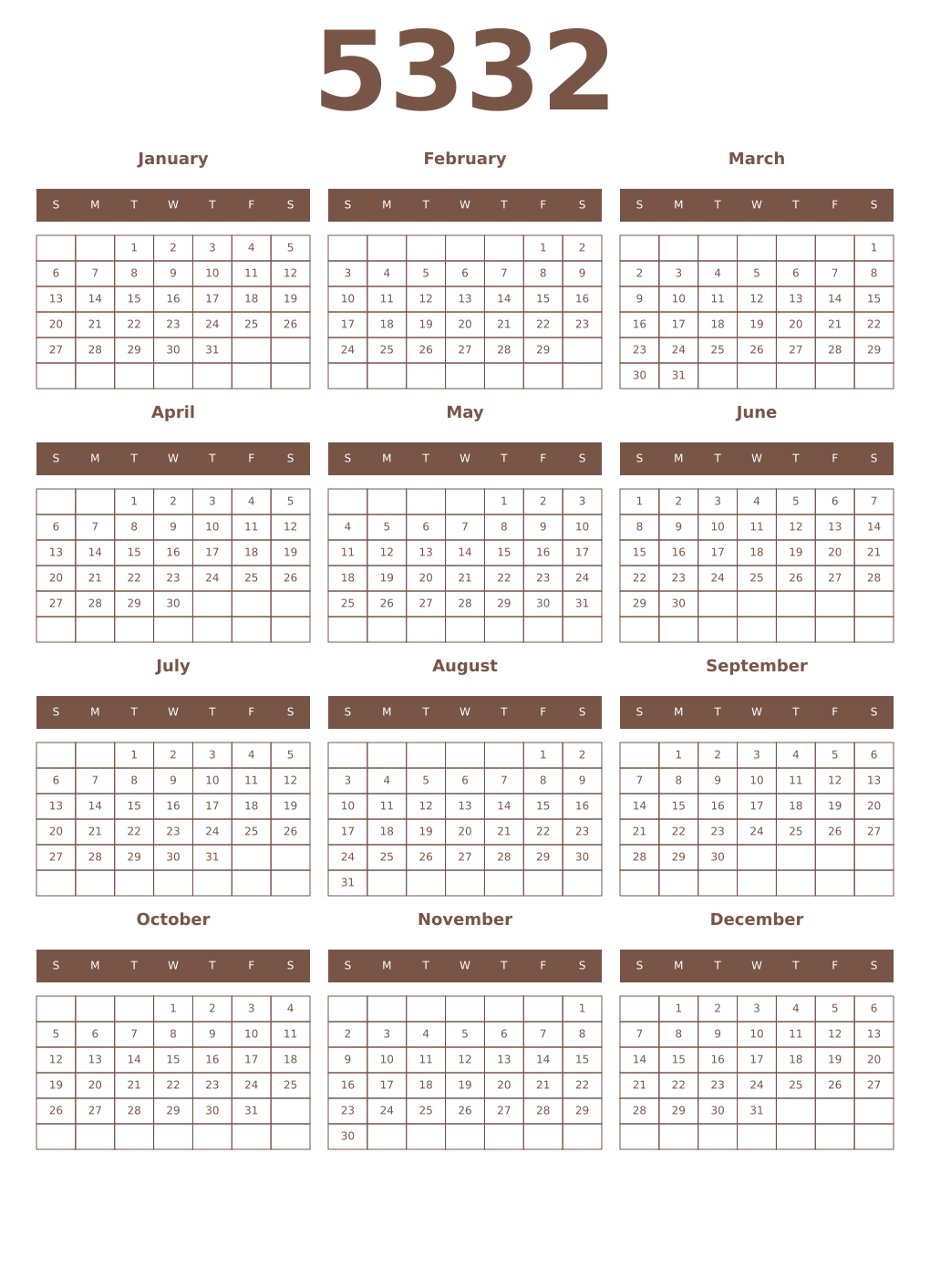Printable 5332 Year Calendars coffe