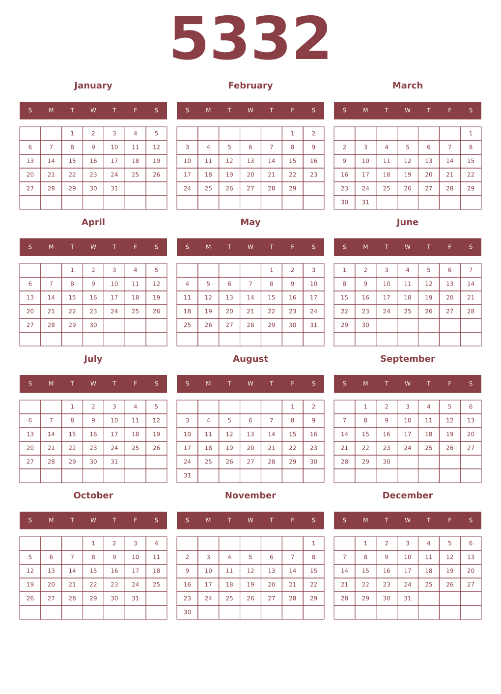 Printable 5332 Year Calendars cordovan