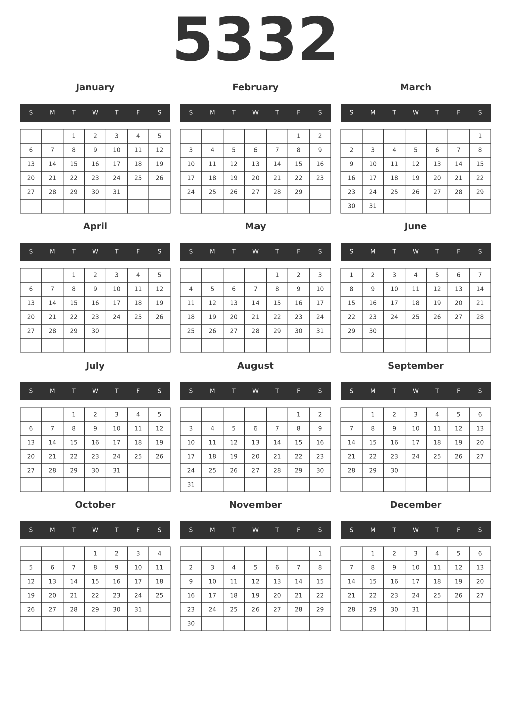 Printable 5332 Year Calendars dark