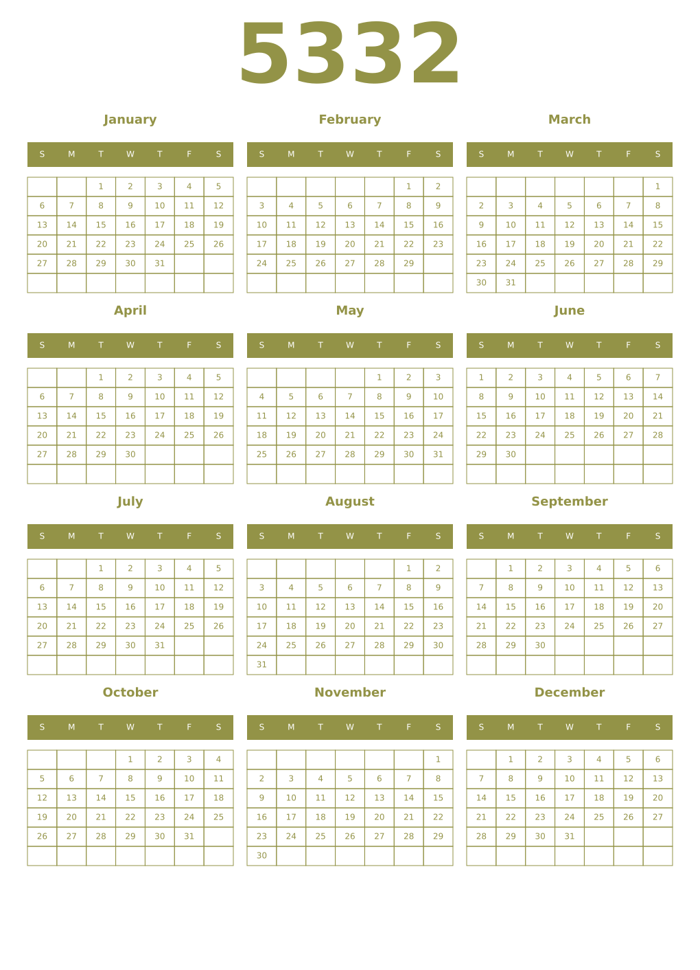 Printable 5332 Year Calendars eburnean