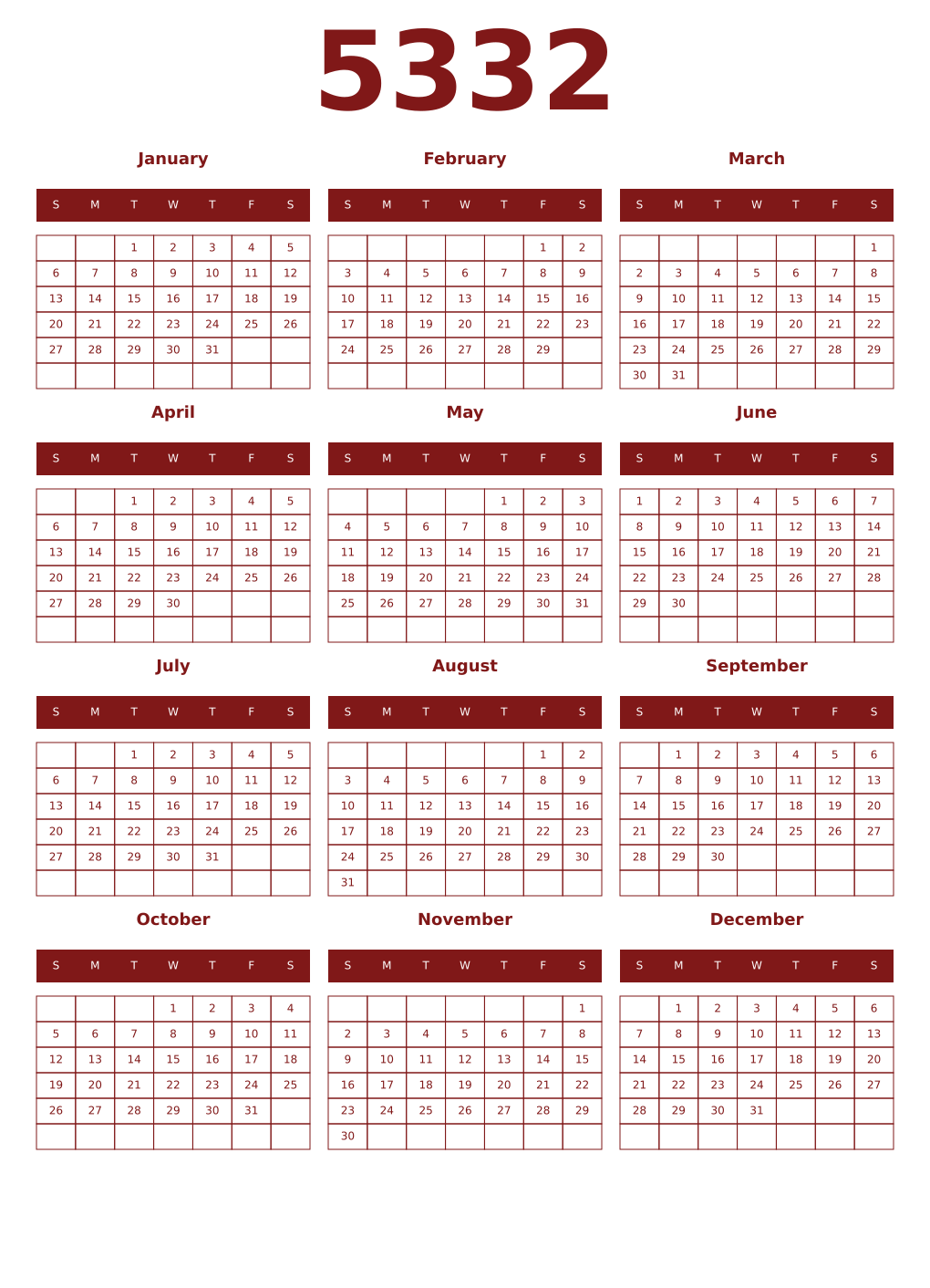 Printable 5332 Year Calendars falu