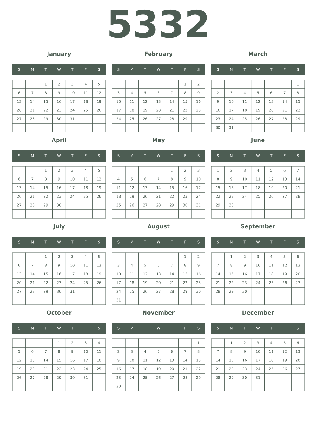 Printable 5332 Year Calendars feldgrau