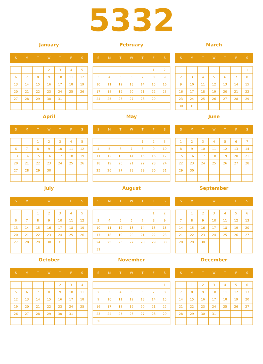 Printable 5332 Year Calendars gamboge