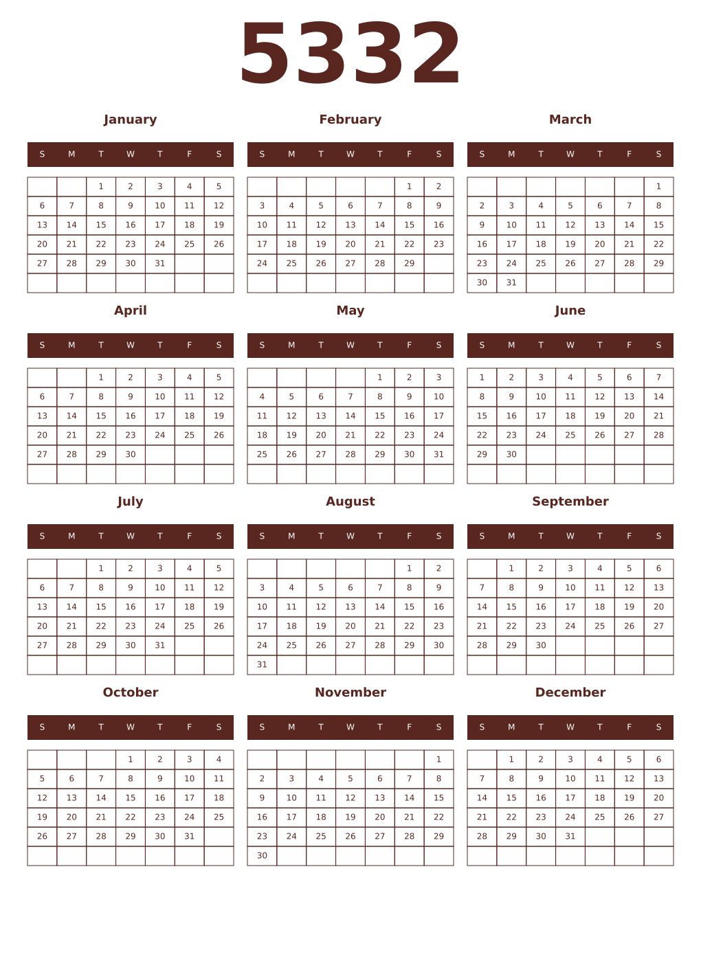Printable 5332 Year Calendars mortuum